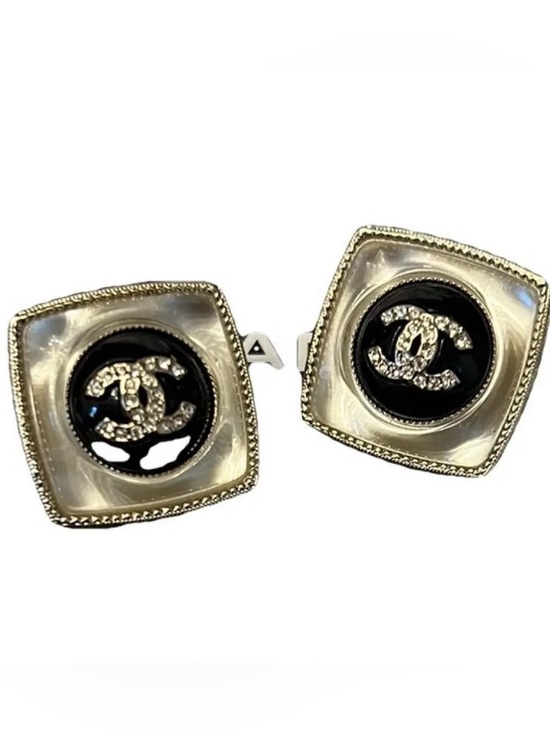 CHANEL Jewelry - Chanel Black & Gold CC Logo Square Clip-On Earrings